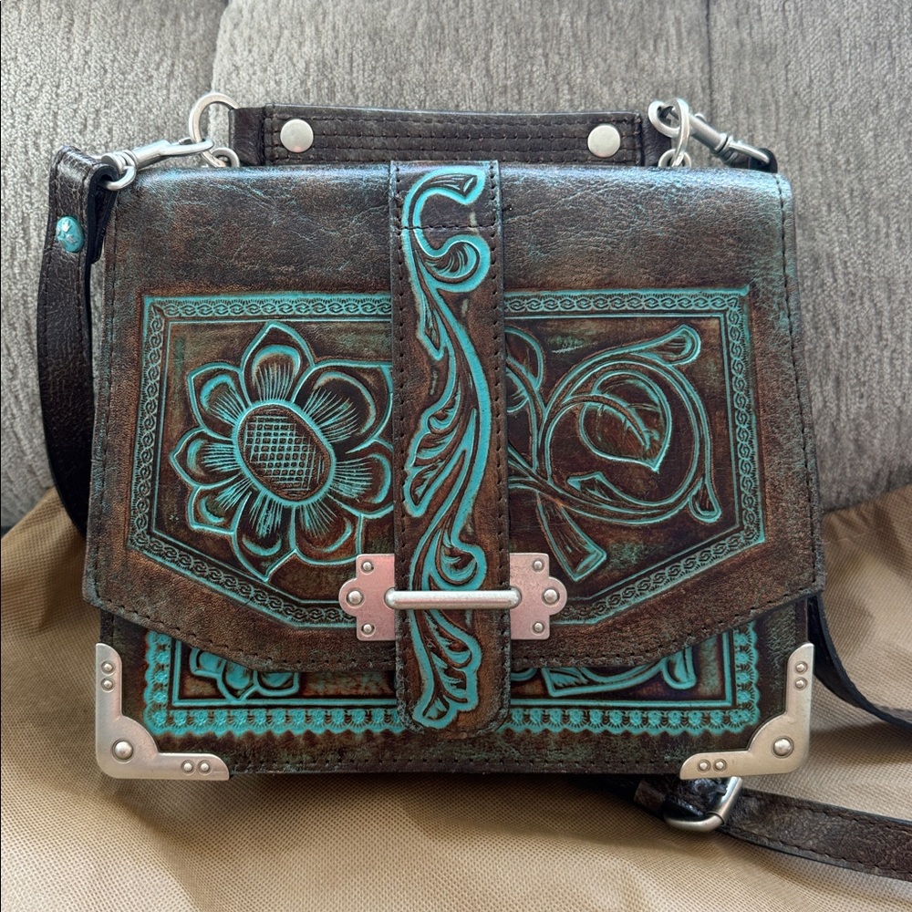 Patricia Nash Tooled Turquoise Stella Satchel Crossbody Purse - Picture 7 of 16